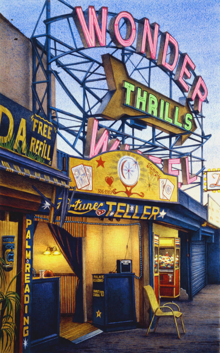 Frederick Brosen (American, born 1954). Fortune Teller, Jones Walk, Coney Island, 2008. Watercolor over graphite on paper, 17 7/8 x 11 ¼ in. (45.4 x 28.6 cm). Courtesy of Hirschl & Adler Modern, New York. Photo: Joshua Nefsky, courtesy of Hirschl & Adler Modern, New York; © 2013 Frederick Brosen/Artists Rights Society (ARS), New York