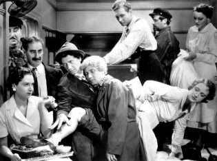 Groucho Marx, Chico Marx, Harpo Marx and Allan Jones in Sam Wood's A NIGHT AT THE OPERA (1935). Courtesy Film Forum. Playing Saturday, September 24 and Thursday, September 29.