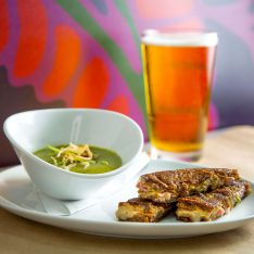Grilled Taleggio “Soldiers” with Asparagus & Ham and Pea Soup dipper